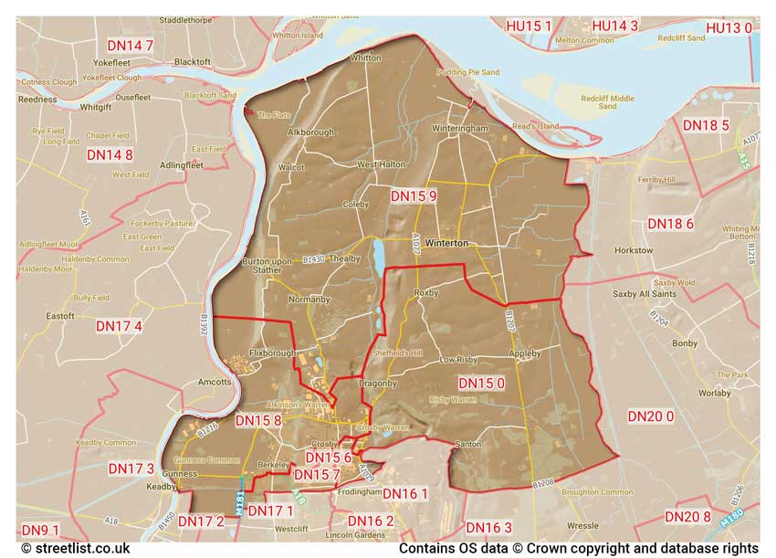 map showing postcode sectors within the DN15 district