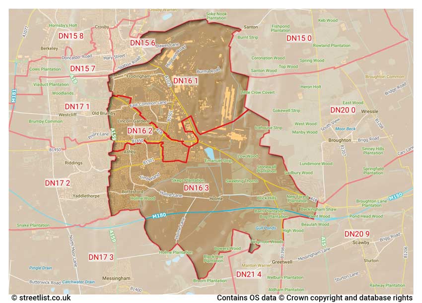 map showing postcode sectors within the DN16 district