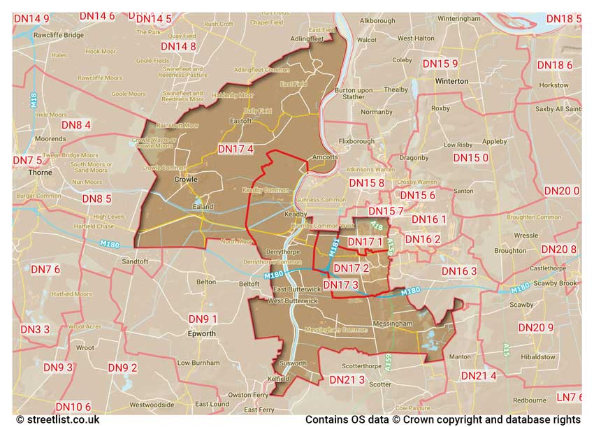 map showing postcode sectors within the DN17 district