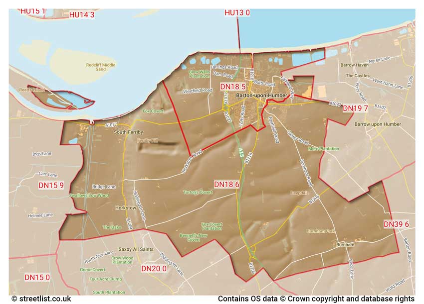 map showing postcode sectors within the DN18 district