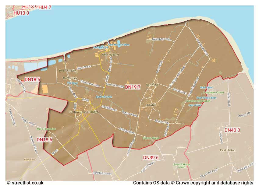 map showing postcode sectors within the DN19 district