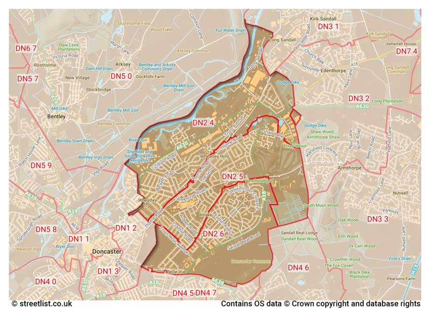 map showing postcode sectors within the DN2 district