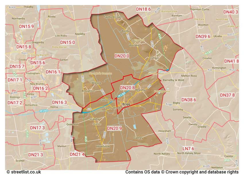 map showing postcode sectors within the DN20 district