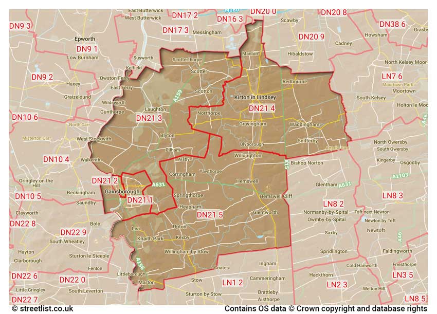 map showing postcode sectors within the DN21 district