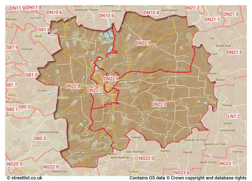 map showing postcode sectors within the DN22 district