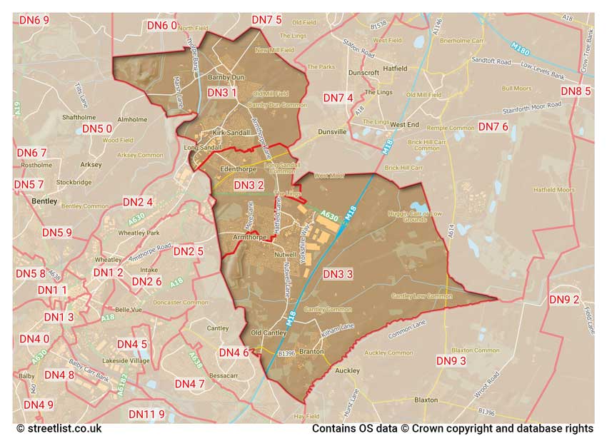 map showing postcode sectors within the DN3 district