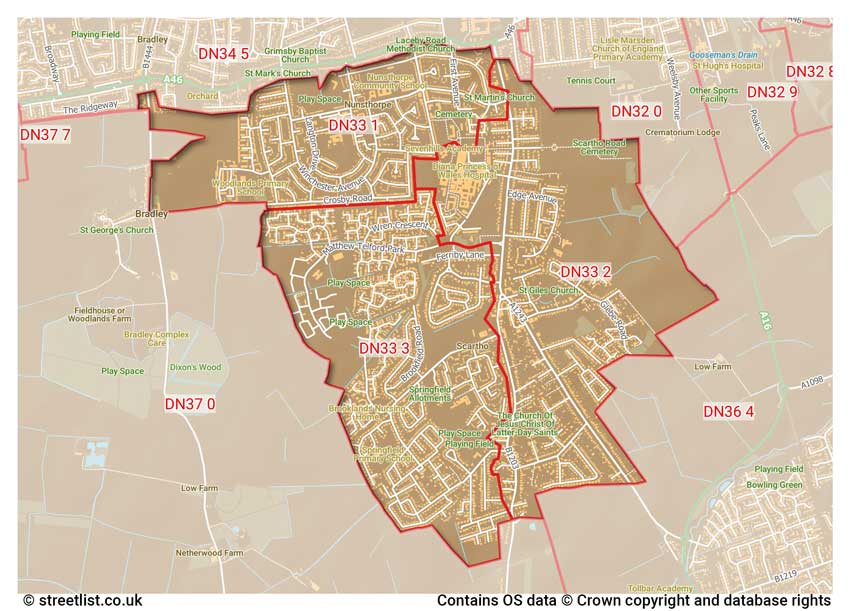 map showing postcode sectors within the DN33 district