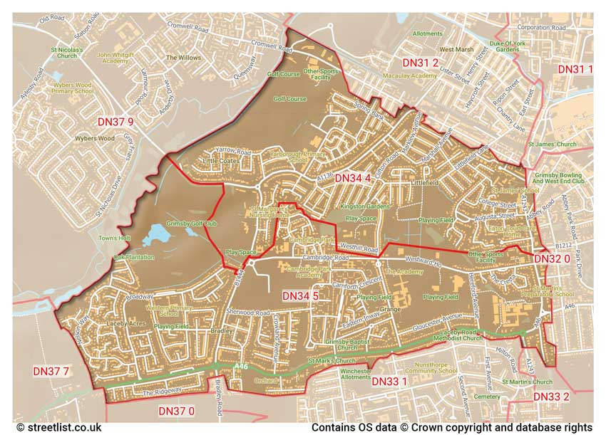 map showing postcode sectors within the DN34 district