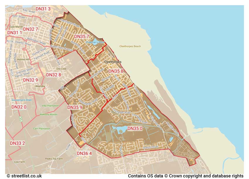 map showing postcode sectors within the DN35 district