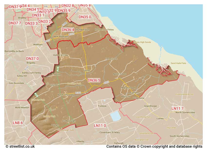 map showing postcode sectors within the DN36 district