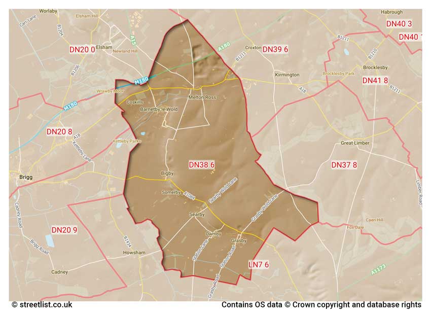 map showing postcode sectors within the DN38 district