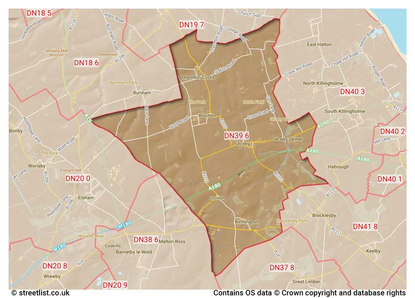 map showing postcode sectors within the DN39 district