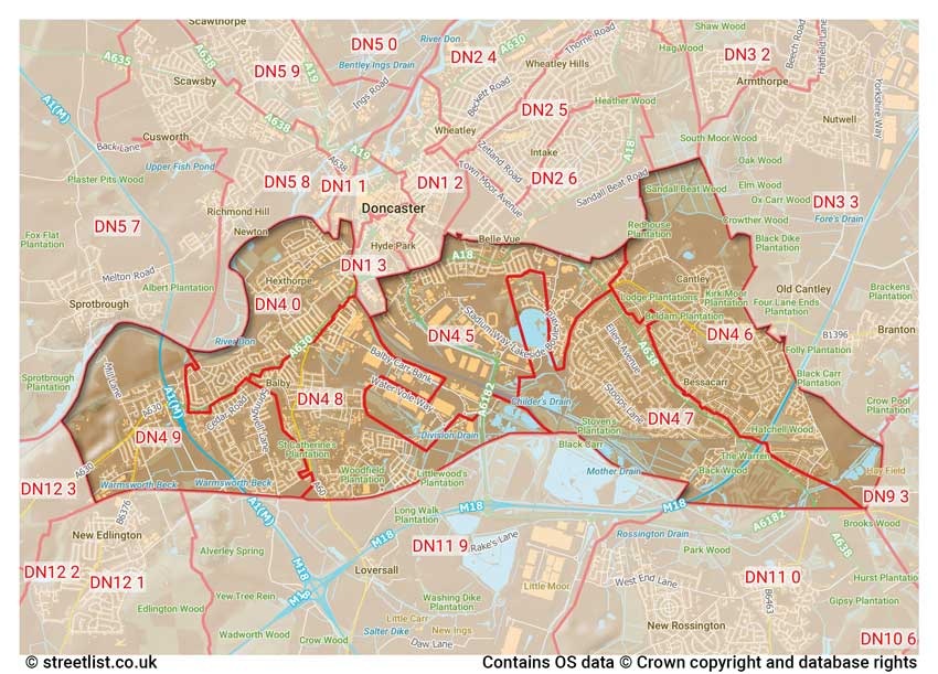 map showing postcode sectors within the DN4 district