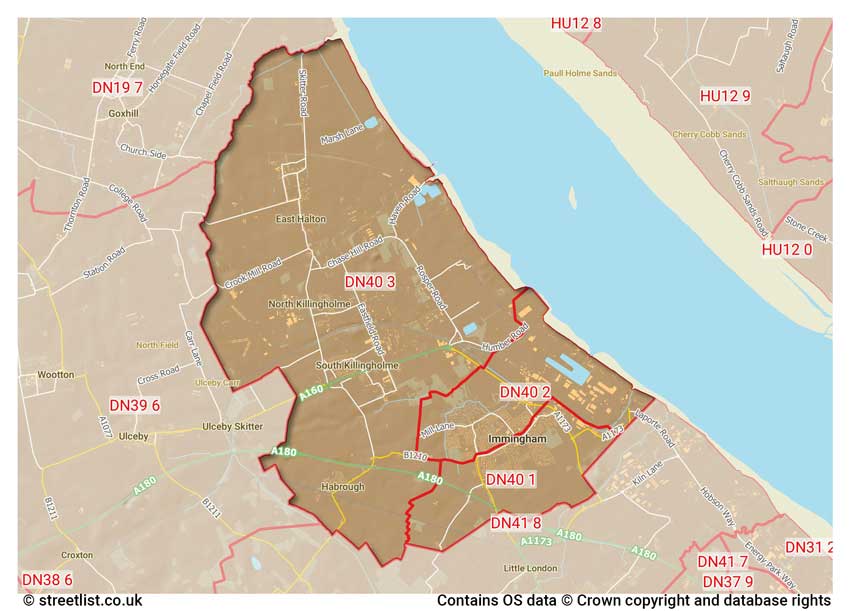 map showing postcode sectors within the DN40 district