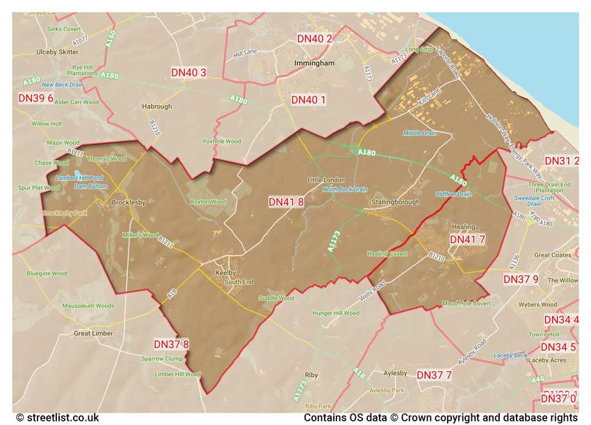 map showing postcode sectors within the DN41 district