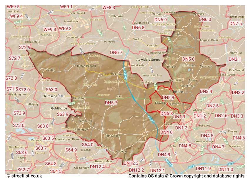 map showing postcode sectors within the DN5 district