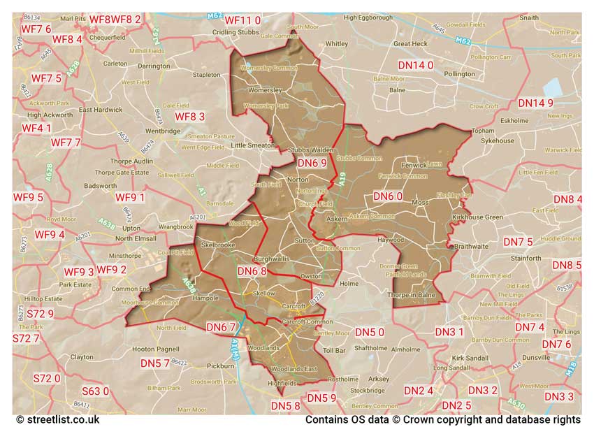 map showing postcode sectors within the DN6 district