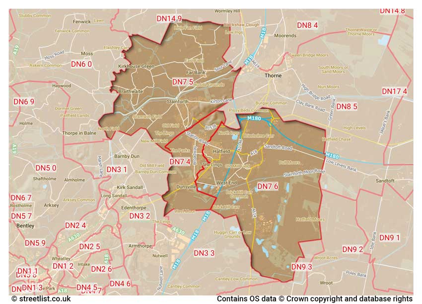 map showing postcode sectors within the DN7 district