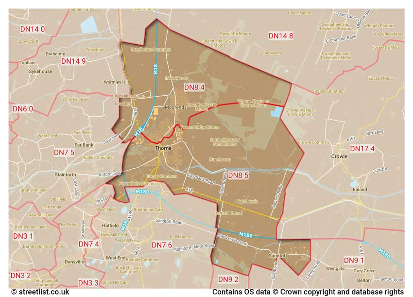 map showing postcode sectors within the DN8 district