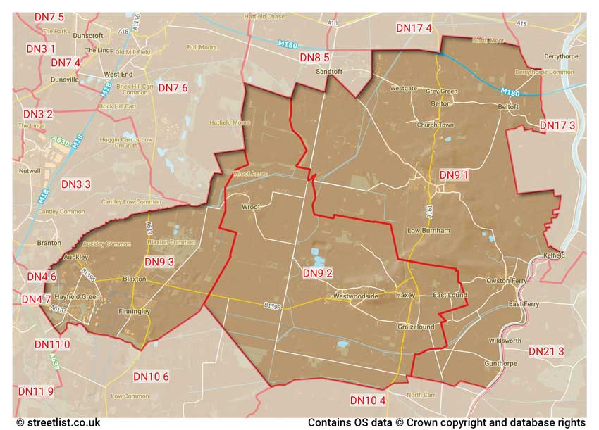 map showing postcode sectors within the DN9 district