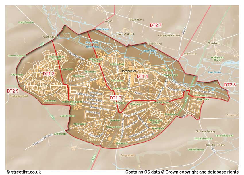 map showing postcode sectors within the DT1 district