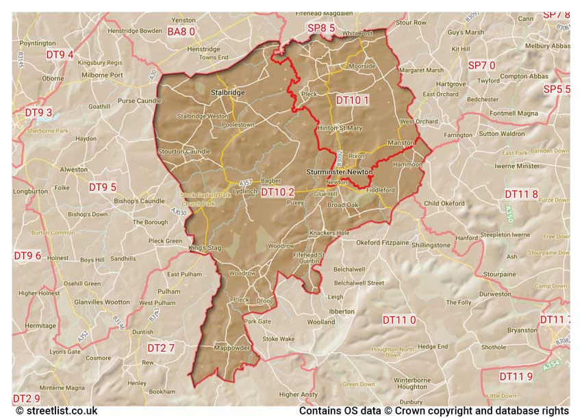 map showing postcode sectors within the DT10 district