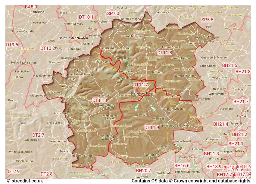 map showing postcode sectors within the DT11 district