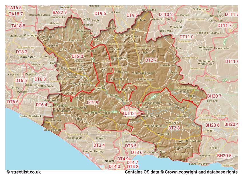 map showing postcode sectors within the DT2 district