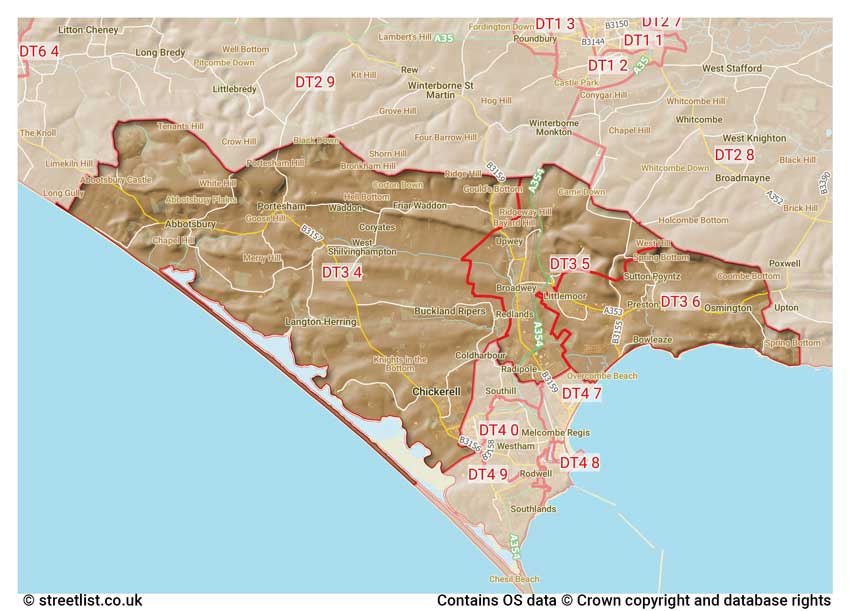 map showing postcode sectors within the DT3 district