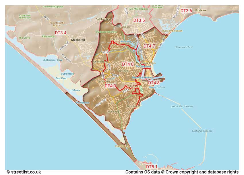 map showing postcode sectors within the DT4 district