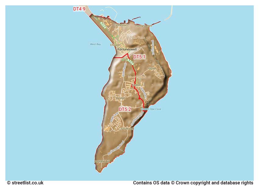 map showing postcode sectors within the DT5 district