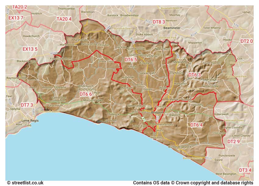 map showing postcode sectors within the DT6 district