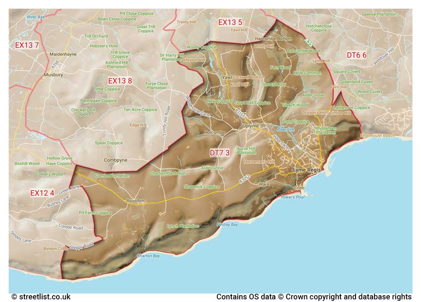 map showing postcode sectors within the DT7 district