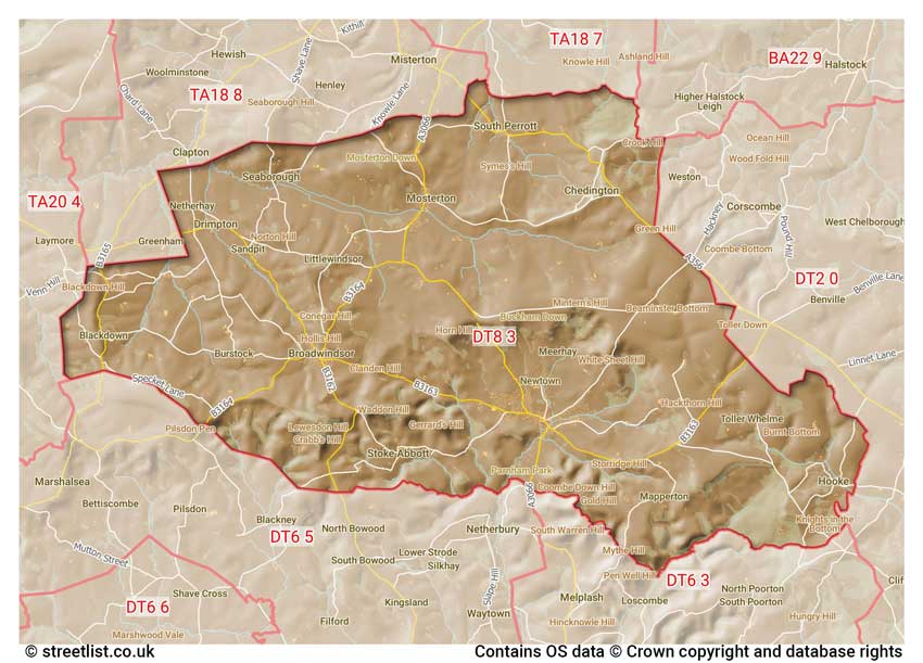 map showing postcode sectors within the DT8 district