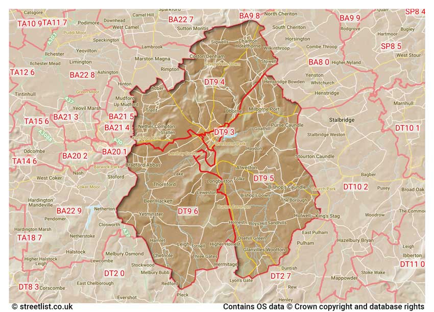 map showing postcode sectors within the DT9 district