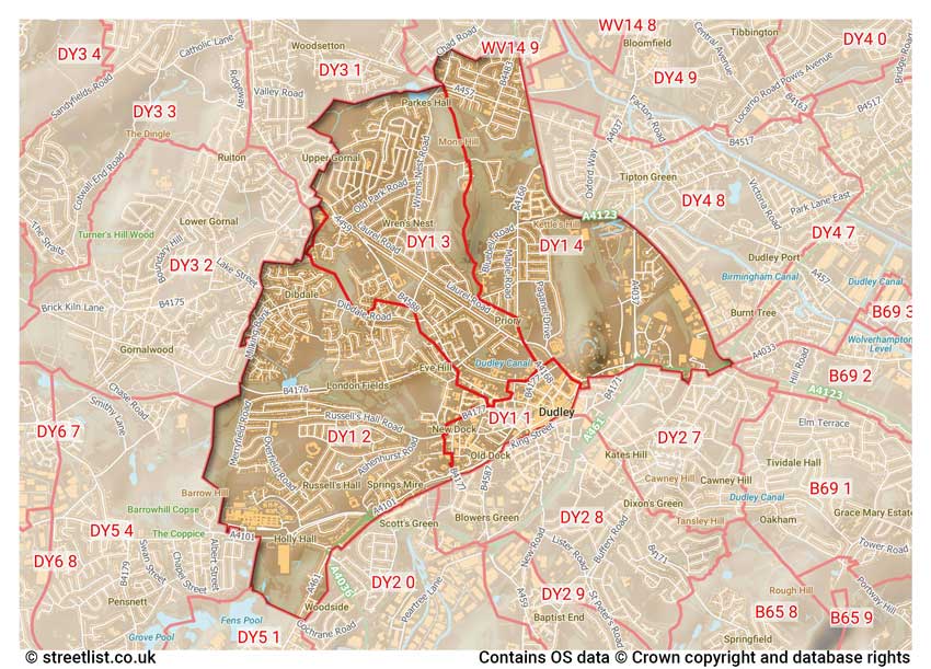 map showing postcode sectors within the DY1 district