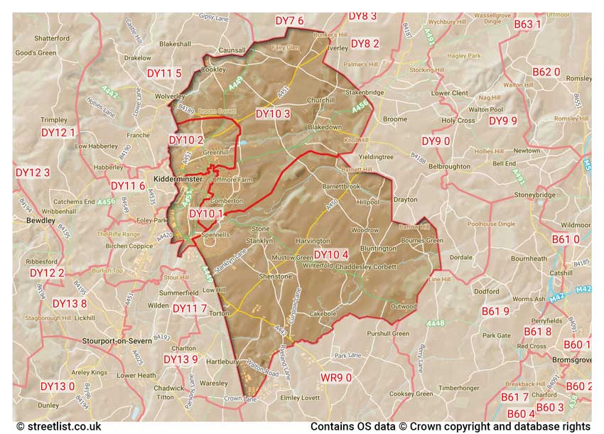 map showing postcode sectors within the DY10 district