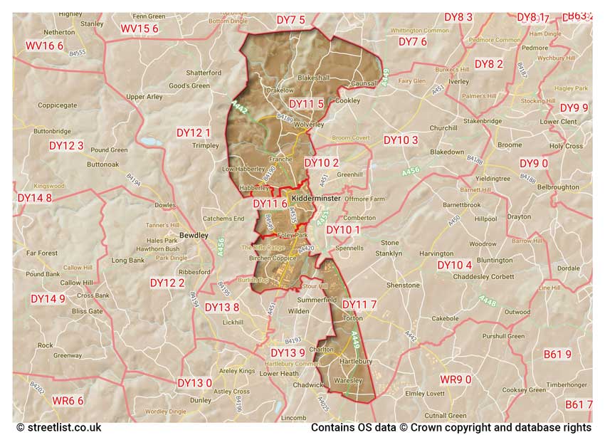 map showing postcode sectors within the DY11 district