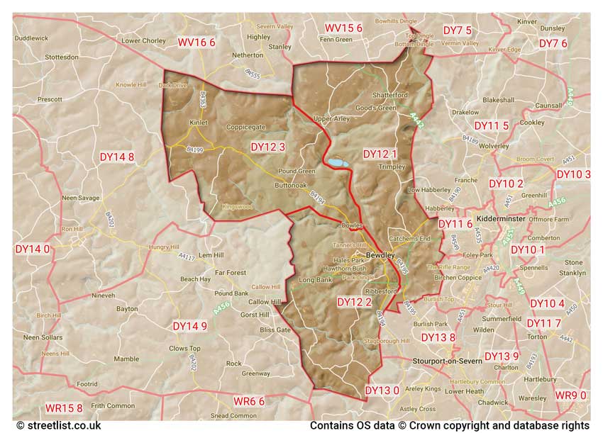 map showing postcode sectors within the DY12 district