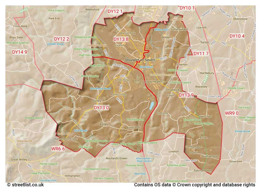 map showing postcode sectors within the DY13 district