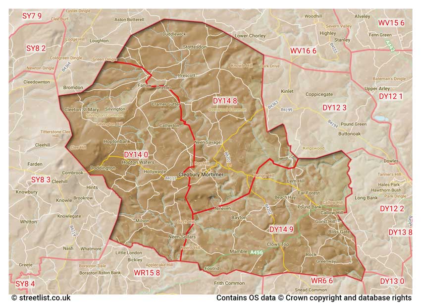 map showing postcode sectors within the DY14 district