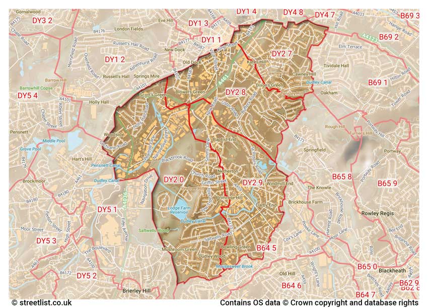 map showing postcode sectors within the DY2 district