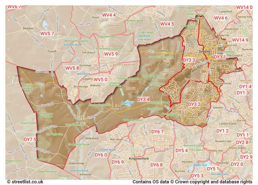 map showing postcode sectors within the DY3 district