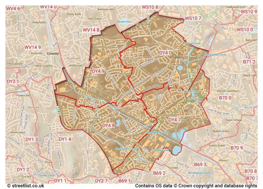 map showing postcode sectors within the DY4 district