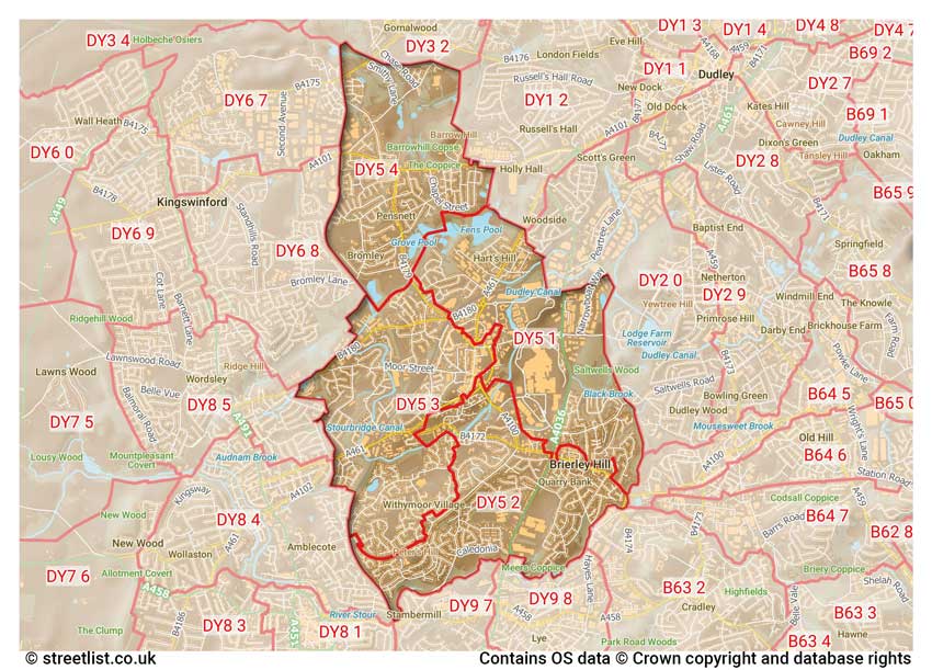 map showing postcode sectors within the DY5 district