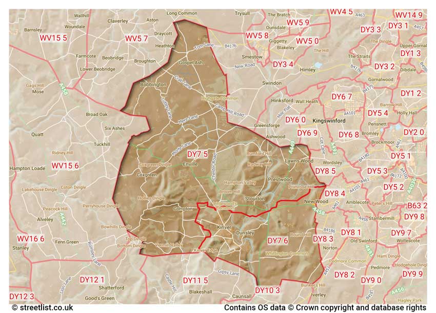 map showing postcode sectors within the DY7 district