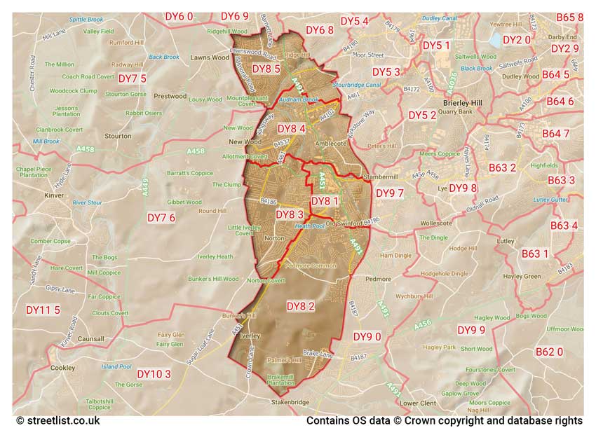 map showing postcode sectors within the DY8 district