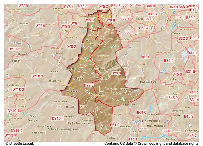 map showing postcode sectors within the DY9 district