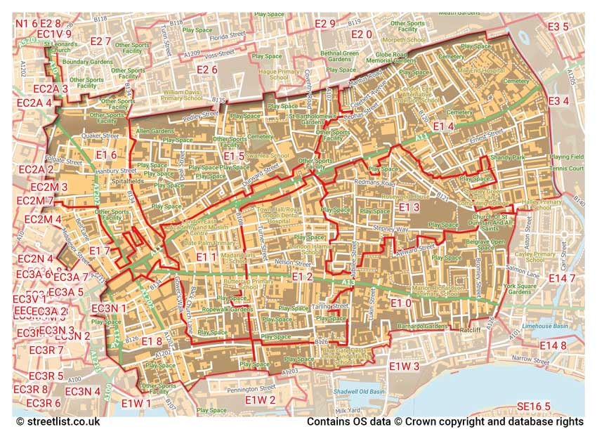 map showing postcode sectors within the E1 district