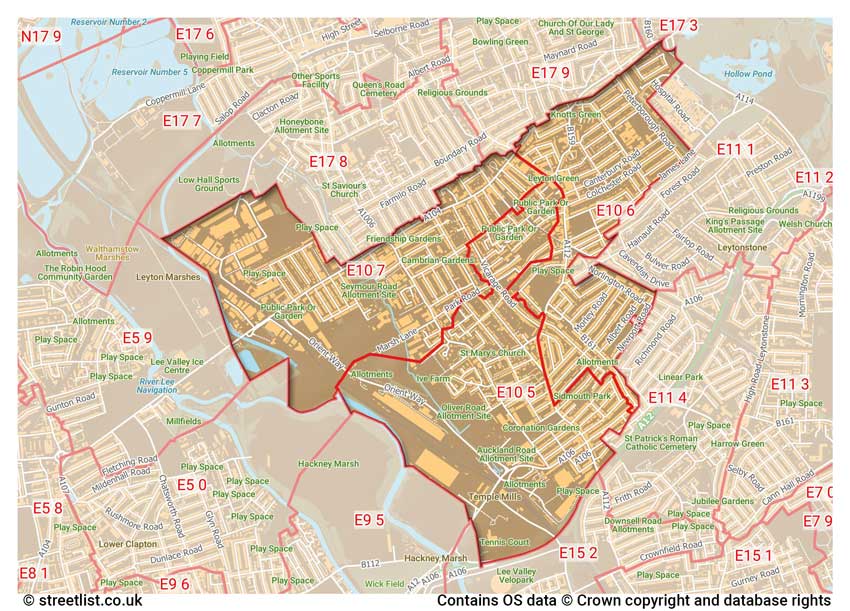 map showing postcode sectors within the E10 district